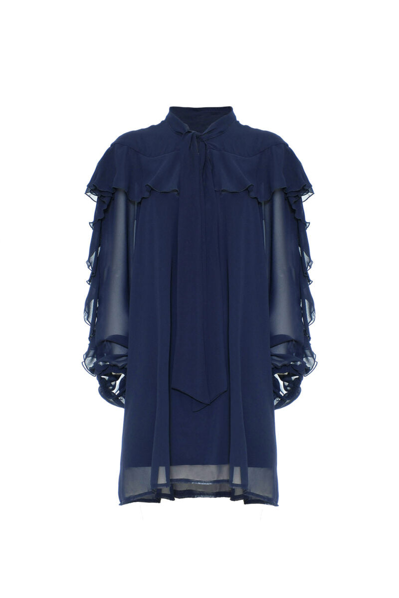 ABITO CON ROUCHES E VOLANT IN CHIFFON