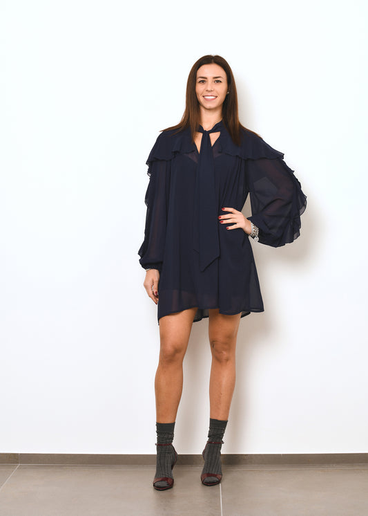 ABITO CON ROUCHES E VOLANT IN CHIFFON